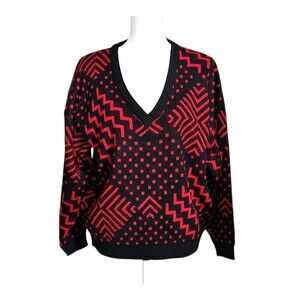 Vintage 80s Cherry Stix Sweater V-Neck Red Black Zig Zag Slouchy Womens Size M